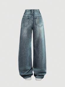 SHEIN 少女口袋宽腿宽松休闲百搭牛仔裤