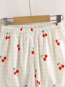 女童可爱格子樱桃印花吊带背心和休闲印花短裤套装，适合度假和夏季穿着 - 卡其色 - 查看 6