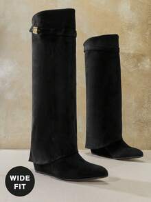 SHUZIA 女士宽筒过膝仿麂皮翻边尖头坡跟靴