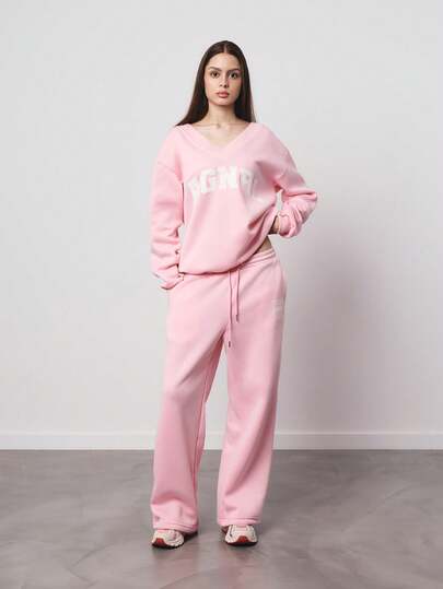 SURIMA 2pcs Women Pink Oversized V-Neck Fluffy Fleece Elastic Loose Sweatshirt And Sweatpants Set, Autumn/Winter