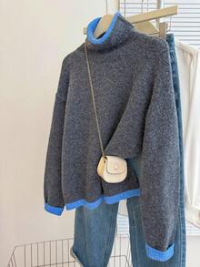 Franclia 女士休闲宽松高领长袖撞色滚边灰色套头毛衣，秋冬季 - 深灰色 - 查看 3