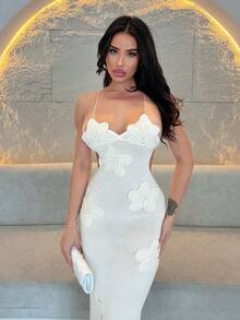 Shopreo Váy liền thân bó sát bằng vải móc thủ công họa tiết hoa 3D dành cho nữ, ngày hẹn hò lãng mạn/kỳ nghỉ ở bãi biển, mùa xuân/hè - Màu be - Xem 4