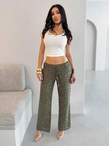 Shopreo Pantalón ancho de ganchillo con lentejuelas elegante para el verano, vestido de playa, vacaciones, estilo boho ibicenco para mujer - Verde Oliva - Ver 1