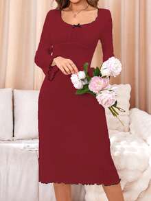 Chillnights Red Knitted Long Sleeve Rib-Knit Nightgown With Scoop Neck - Red - View 5