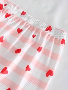 Conjunto de Roupas Domésticas para Adolescentes: Camiseta de Gola Redonda + Calça de Perna Reta, Tecido Macio e Amigável à Pele, Estampa de Coração Espalhada, Estilo Minimalista, Textura Canelada, Visual Elegante, Adequado para Uso Casual - Rosa chiclete - Visão 5