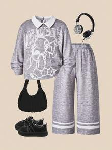 SHEIN Chelsea Crush 女童两件套：撞色领长袖T恤，卡通印花装饰 + 直筒运动裤，厚度适中，适合春秋季休闲穿着和运动。