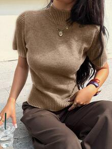 Siren Gaze 女士纯色高领短袖羊毛针织上衣，四季皆宜 - 杏色 - 查看 3