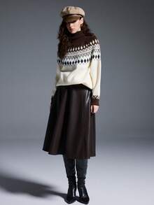 MYSTAURA Women's Casual Colorblock Geometric Pattern Turtleneck Sweater, Autumn/Winter - لون مشمشي - مشاهدة 3