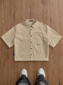 SWAVVY 男士休闲宽松短袖梭织衬衫，时尚日常穿着 - 卡其色 - 查看 1