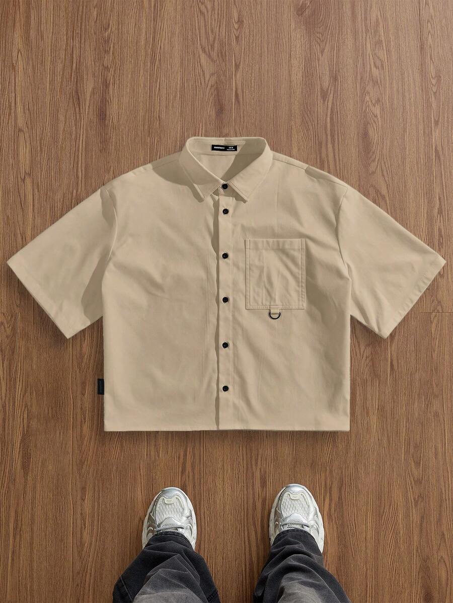 SWAVVY 男士休闲宽松短袖梭织衬衫，时尚日常穿着 - 卡其色 - 查看 1