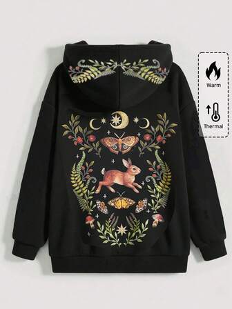Forest Gothic Rabbit Star Moon Butterfly Thorn Plant Jungle Pattern Heat Transfer Black Plus Size Hoodie, Retro Forest Gothic Style Women Hoodie Jacket, Vintage Print Plus Size Women Hoodie