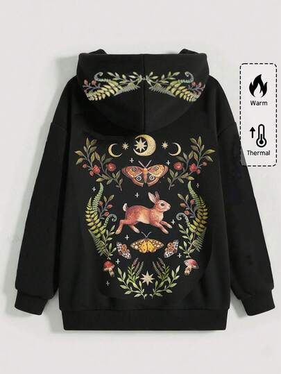 Forest Gothic Rabbit Star Moon Butterfly Thorn Plant Jungle Pattern Heat Transfer Black Plus Size Hoodie, Retro Forest Gothic Style Women Hoodie Jacket, Vintage Print Plus Size Women Hoodie