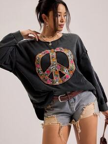 Freevana Áo thun tay dài dáng rộng, vai rớt, chất liệu vải mài, phong cách đường phố, nghỉ dưỡng, thời trang nữ mùa xuân/thu, họa tiết biểu tượng hòa bình và hoa, thêu hoa văn. - Màu xám đen - Xem 7