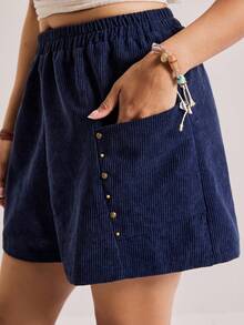 Freevana Quần short vải nhung kẻ sọc cổ điển Bohemian thường ngày có túi trang trí cho nữ, đa năng cho đầu xuân - Màu xanh hải quân - Xem 4