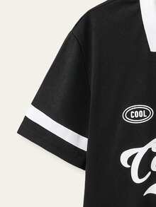 SHEIN Explorewe Oversized Boys' Casual Minimalist American College Letter Print Contrast Color Polo Collar Shirt, Loose Fit, Comfortable For Autumn, Spring, Summer, Suitable For Daily Wear, Commuting, Outdoor Activities, Sports, School, Streetwear, Parties And Photoshoots - Multicolor - View 7