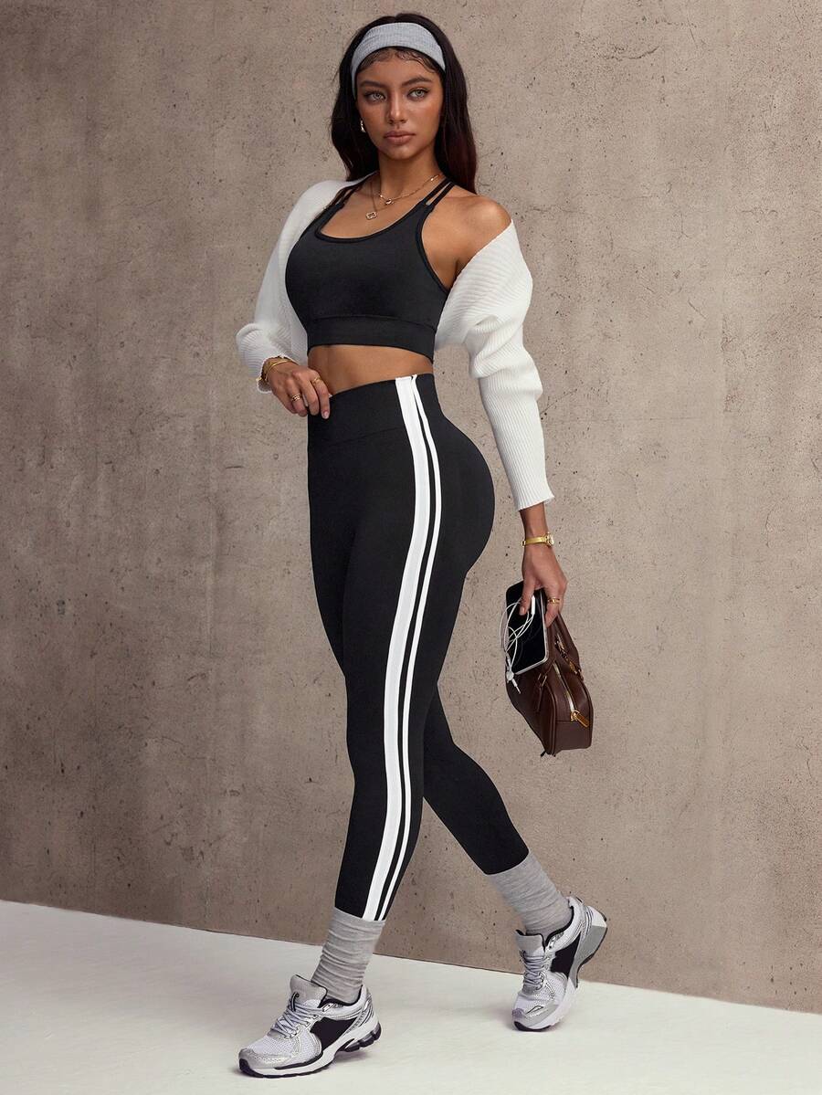 Dewbera Women's Solid Color Criss-Cross Back Cropped Tank Top And Side Stripe Leggings Sports Set - Multicolor - View 1