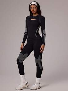 SHEIN Core Rhythm Bộ đồ lót giữ nhiệt liền mạch bó sát dành cho nữ khi trượt tuyết, chạy bộ, tập yoga, trượt tuyết, đạp xe, mùa thu/đông - màu đen - Xem 3