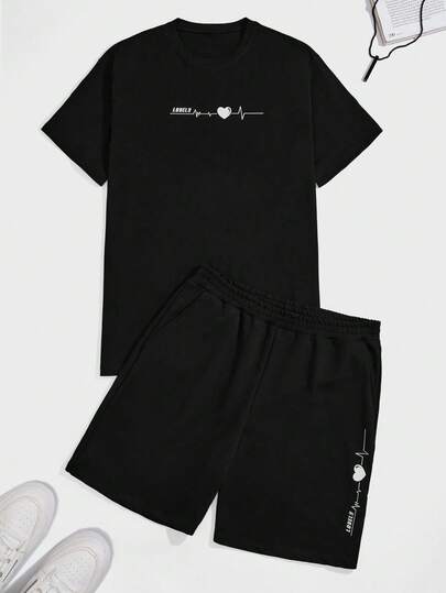 Cottnline Heren T-shirt met ronde hals, korte mouwen en grafische print, casual set