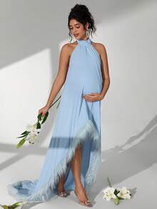Cheriluna Maternity Sleeveless Halter Neck Maternity Maxi Dress, Short Front Long Back With Furry Hem And Train - Baby Blue - View 4
