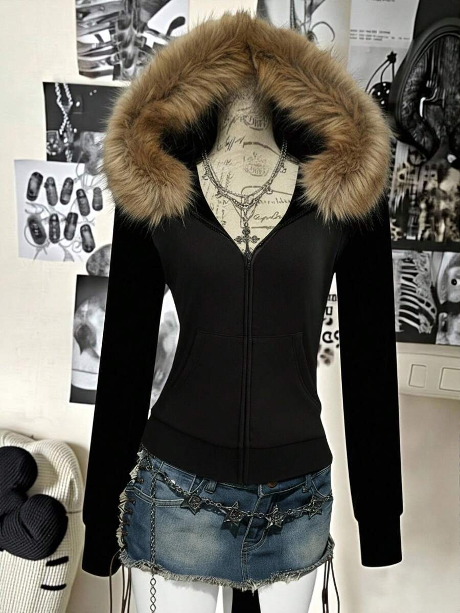Attitoon Women's Casual Retro Front Zipper Fur Collar Hooded Regular Jacket, Suitable For Autumn/Winter - Black - View 1