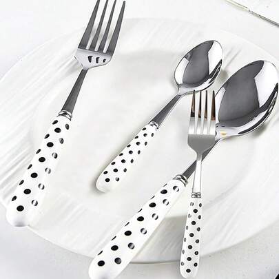 Madebyblanc ชุดช้อนส้อมสแตนเลสพร้อมด้ามจับเซรามิก 1 ชิ้น/2 ชิ้น, ช้อนส้อมขัดเงาพร้อมด้ามจับเซรามิกแบบลายจุด ช้อนขนมหวาน, ส้อมอาหารค่ำ และช้อนโต๊ะ - เครื่องมือครัวสร้างสรรค์รวมถึงส้อม, ช้อนชา และช้อนซุป เหมาะสำหรับการรับประทานอาหารในชีวิตประจำวัน