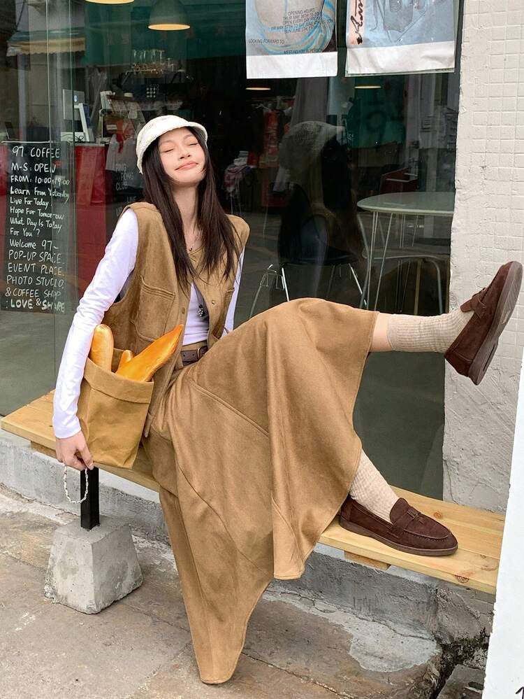 Women Suede Casual Vest & Skirt 2 Pieces Set