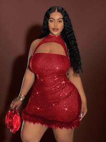 Veslaya 2025秋冬新款优雅复古浪漫休闲经典复古风女装商务正装，性感纯色酒红色PU半袖腰部金属扣A字连衣裙，大码 - 紅色 - 查看 7