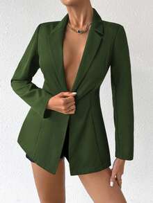 Chiquease 女士简约纯色尖领修身西装外套，适合工作和通勤穿着。 - 綠色 - 查看 5