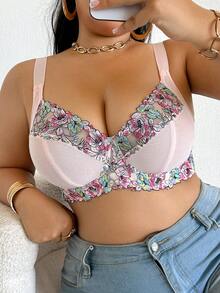 SHEIN Plus Size Floral Embroidered Fashion Pink Underwire Bra - Pink - View 5