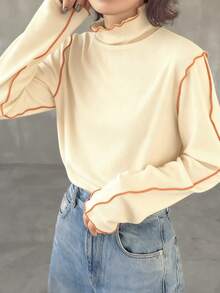 FRIFUL Women's Turtleneck Contrast Color T-Shirt With Contrast Ruffle Hem, Multi-Layer Ruffled Flared Sleeves, Fitted Long Sleeve Top - Apricot - View 4