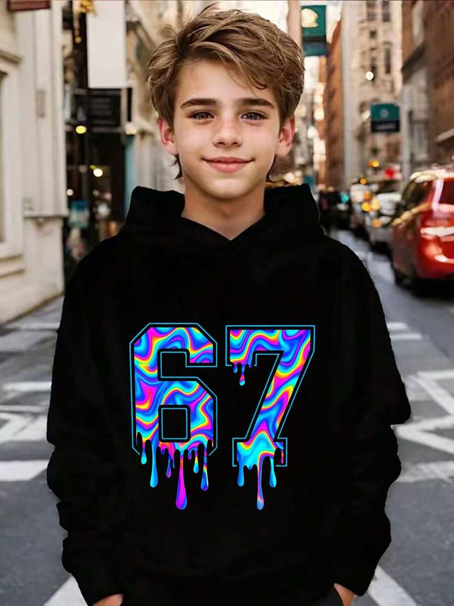 青少年男童休闲简约“67”图案长袖卫衣,街头风,印有数字67,舒适休闲,适合外出和运动,秋冬季穿着 - 黑色 - 查看 1