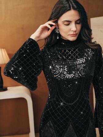 Anewsta Elegantes Damen Herbst/Winter Kleid mit gesticktem Perlendesign, schick, geeignet für Hochzeitsfeier, Silvester, luxuriöses Abendkleid für Frauen, elegant, schick, Partykleid, Weihnachten, Erntedankfest