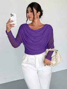 Firerie 大码女士优雅深V领长袖网纱透视修身性感T恤，适合情人节、音乐会、演出、约会、正式晚宴、舞会、婚礼季、性感、优雅、通勤、返校、度假、海滩、浪漫、职场女神、美人鱼风、生日派对等场合，紫色上衣 - 紫色 - 查看 4