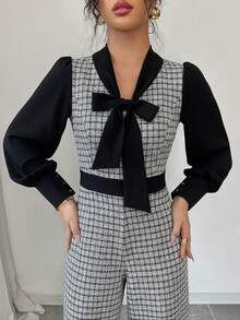 SHEIN Elenzya 优雅浪漫撞色拼接收腰连体裤（女款） - 黑與白 - 查看 3