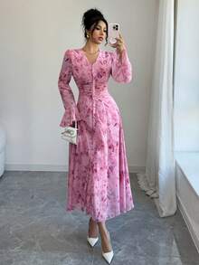 Modelyn Women's V-Neck Ruched Flare Sleeve Dress - Multicolor - View 7