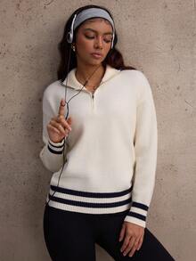 SHEIN Dewbera Women's Turndown Collar Half Zip Front Striped Long Sleeve Casual Autumn/Winter Sweater - White - View 6