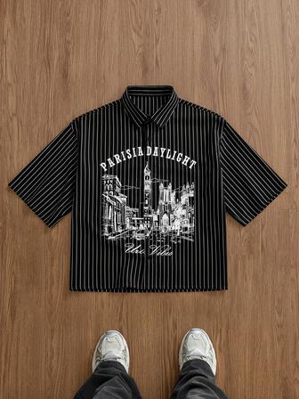 Manfinity Unisex 男士梭织短袖竖条纹字母印花时尚衬衫