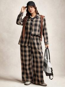Zelara 大码女式格子长袖单排扣衬衫和阔腿裤休闲两件套 - 彩色 - 查看 2