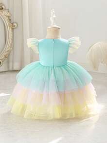SHEIN Glamorique Kids 女婴公主裙，三色薄纱蛋糕裙，泡泡袖，缎面面料，适合生日派对、婚礼、节日等场合 - 綠色 - 查看 2