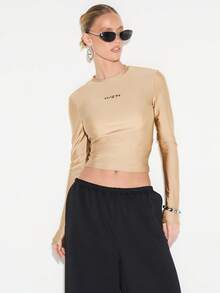 KIZN High Shine Beige Long Sleeve Crew Neck Top With Small Chest Logo Print
