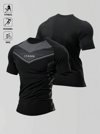 Manfinity Sport Polished Boyfriend Style Men Letter Graphic Raglan Sleeve Sports Tee  Workout Tops , Compression , Holographic , Plain , Exercise , Reflective Workout Tops Compression Shirt  Breathable