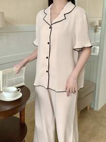 SHEIN 少女雪纺荷叶边领泡泡袖睡衣，休闲家居服 - 杏色 - 查看 6