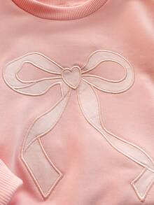 Playful Pals 2pcs/Set Young Girls' Round Neck Ruffle Trim Long Sleeve Sweatshirt With Embroidered Bow + Elastic Waist White Pleated Mini Skirt Cute Casual Outfit, Suitable For Spring/Autumn Daily Wear Or Travel - Pink - View 5