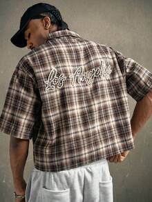 AXEPEAK Vintage American Plaid Pearl Studded Short Sleeve Shirt - Khaki - View 4