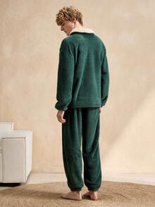 Manfinity Underwear&Sleepwear Basics Men's Drop Shoulder Long Sleeve Loose Fleece Comfortable Warm Pajama Set - Olive Green - View 2