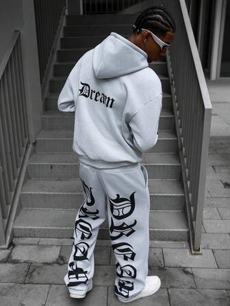 Manfinity Roghcode 男士街头风流行全印花“DREAM”图案连帽卫衣套装，适合户外音乐节、休闲外出、送给男友/老公的礼物、周年纪念礼物，浅灰色
