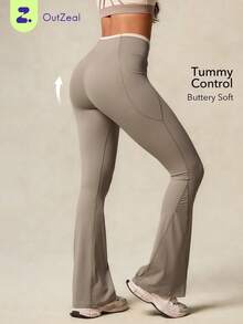 OutZeal Tummy Control Sweat Wicking Crossover High-Waist Flared Pants Outdoor Hiking Travel - Khaki - View 11