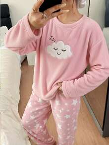 女童睡衣，柔粉色休闲优雅家居服，长袖上衣和裤子套装，饰有云朵、笑脸、星星刺绣图案，抓绒面料，适合秋冬季青少年女孩穿着。 - 淺粉色 - 查看 9