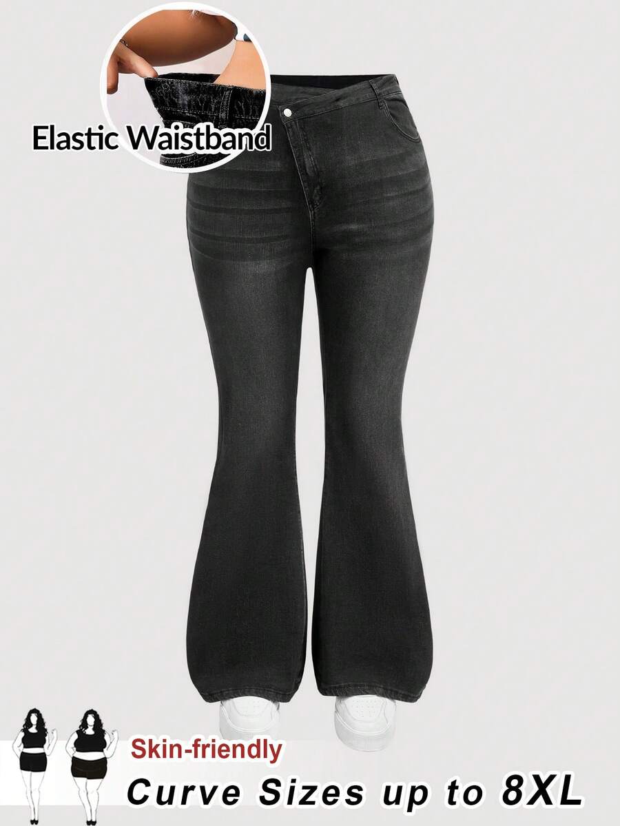 SHEIN CURVE+ Jeans casual versatili da donna taglie forti con vita asimmetrica e tasche - nero - Visualizzare 1