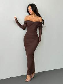 SHEIN PETITE 露肩网纱扭结褶皱连衣裙，修身剪裁，长袖，浪漫约会连衣裙，娇小身材亦可穿着 - 棕色 - 查看 5